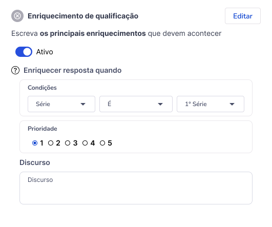 Tela de configuração de enriquecimento de qualificação do Agente de IA