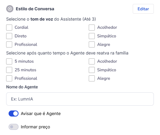 Tela de configuração do estilo de conversa do Agente de IA da Lumni