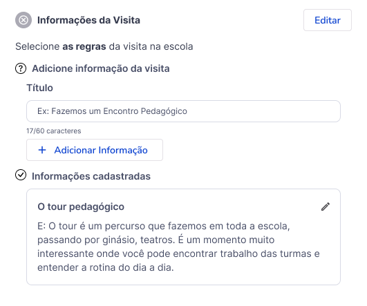 Tela de cadastro das informações da visita à escola