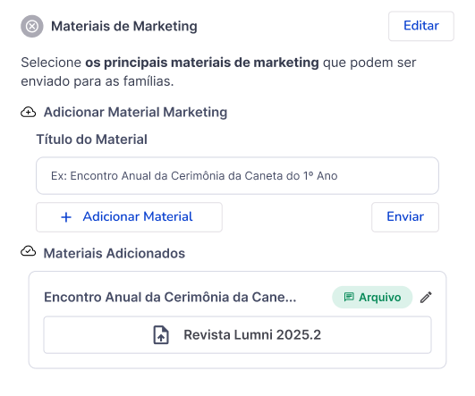 Tela de gerenciamento de materiais de marketing do Agente de IA