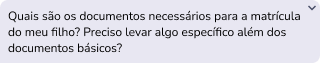 Mensagem de responsável perguntando sobre documentos de matrícula